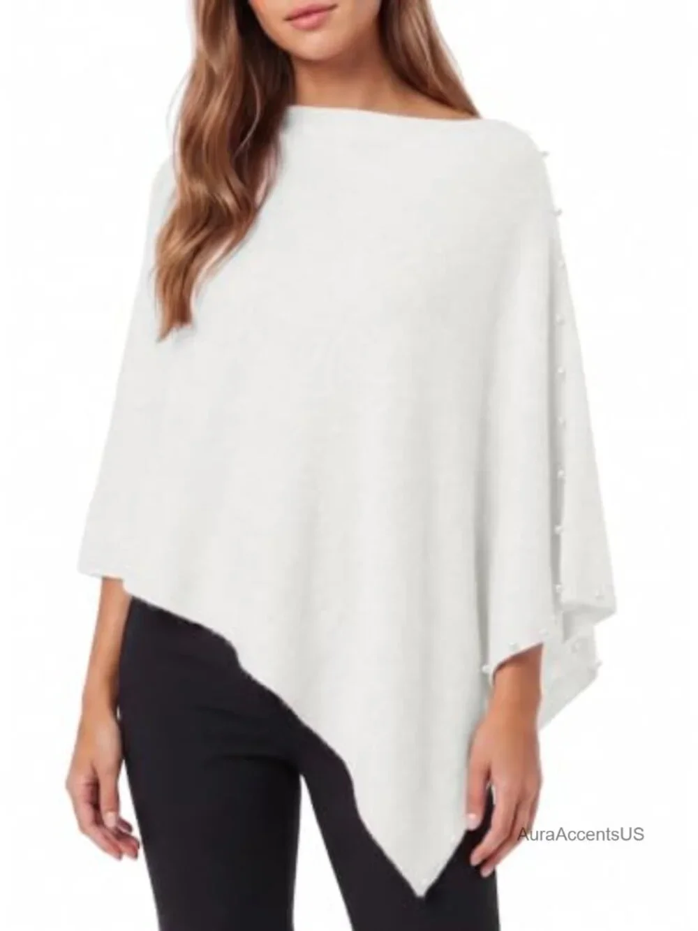 Womens Knitted Poncho Shawl Pearl Trim Lightweight Cape